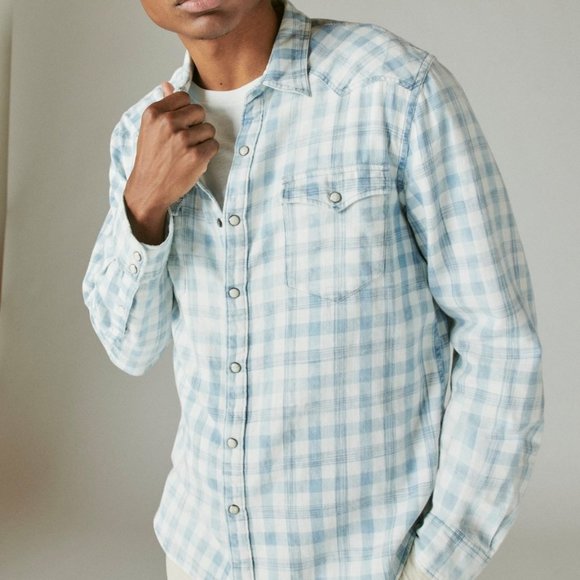 Size Small Lucky Brand Men's Indigo Linen Plaid Western Long Sleeve Shi… - Picture 1 of 5